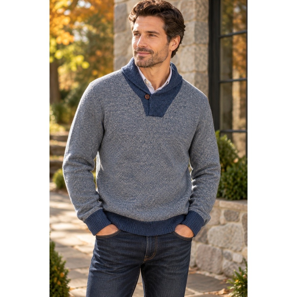 J.Crew 100% Wool Shawl Collar Sweater Mens XL Blue Button Neck Pullover